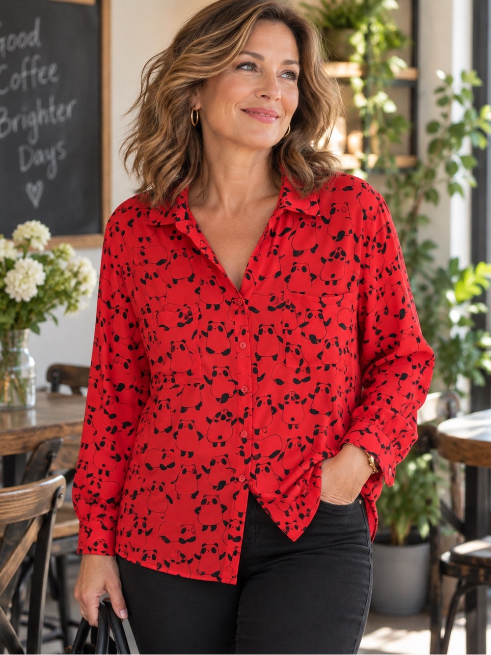 Ricki's Red Button-Up Shirt with Black Abstract Print